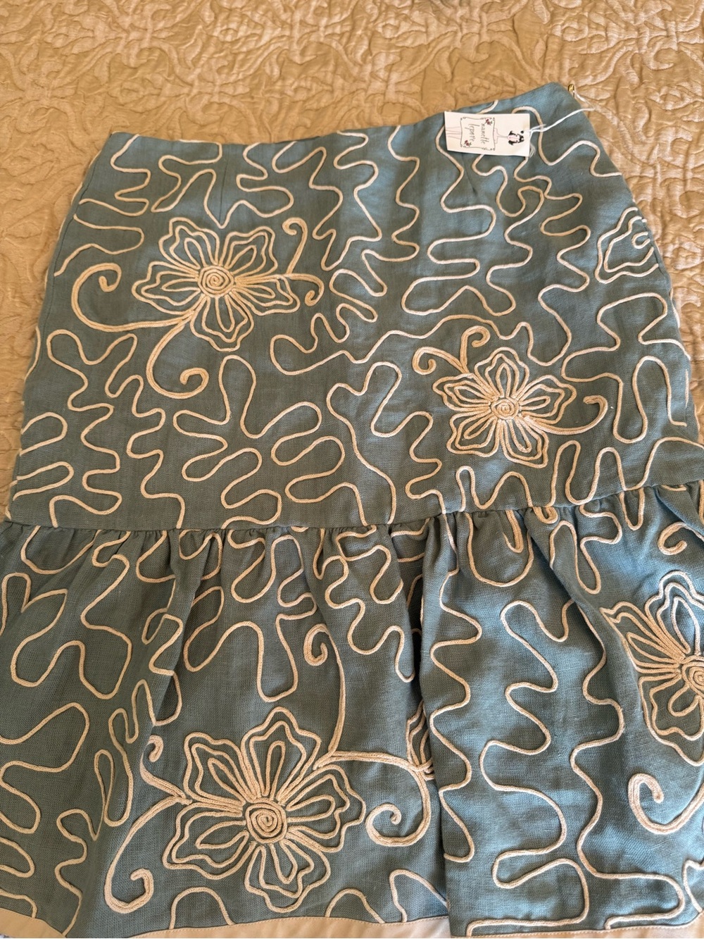 Nanette Lepore Teal Midi Skirt with Cream Floral Embroidery